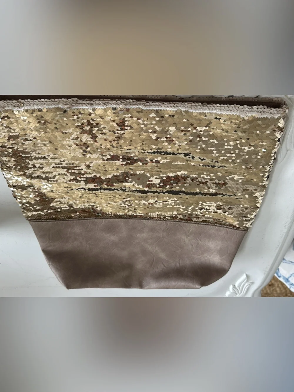 Anthropologie Clutch/Purse Large Taupe & Gold Reversible Sequin